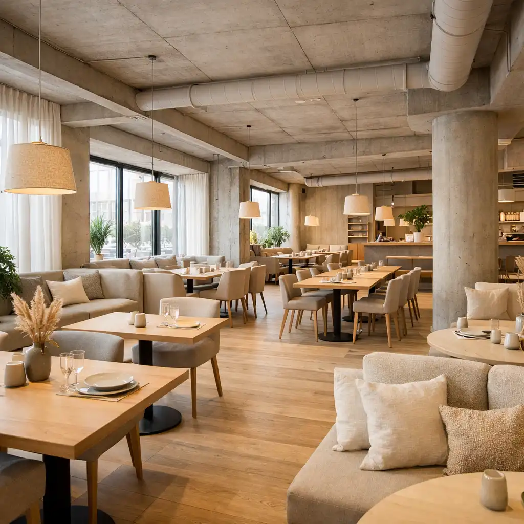 Przestronne wnętrze restauracji loftowej z elastycznym układem stołów
