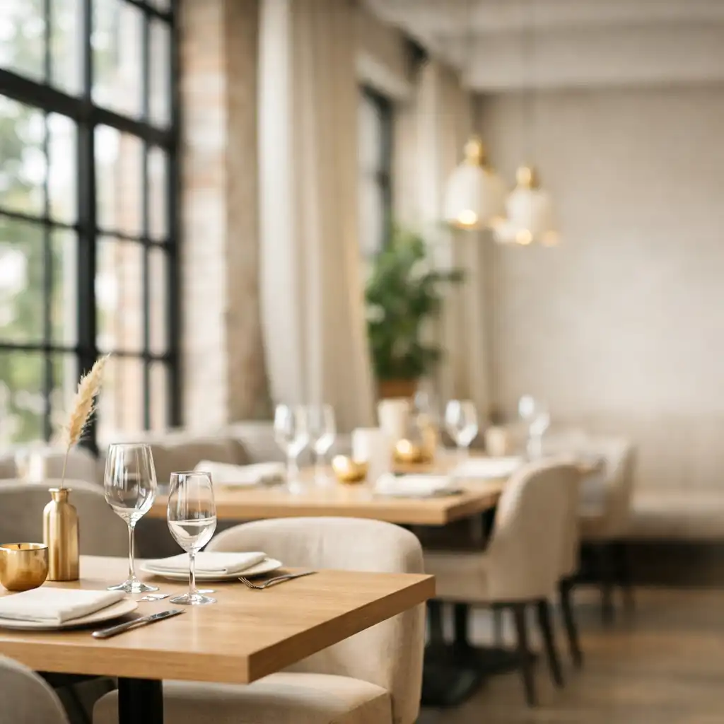 Jasne wnętrze restauracji Nova Strelia z eleganckim stołem